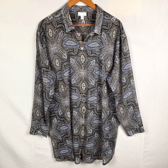 J Jill Button Up Long Sleeve Tunic Top Blouse Sz XL Lagenlook Semi-Sheer Boho - Picture 1 of 9